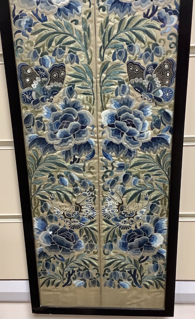 A pair of 19th century Chinese sleeve bands, framed, 96 x 17cm